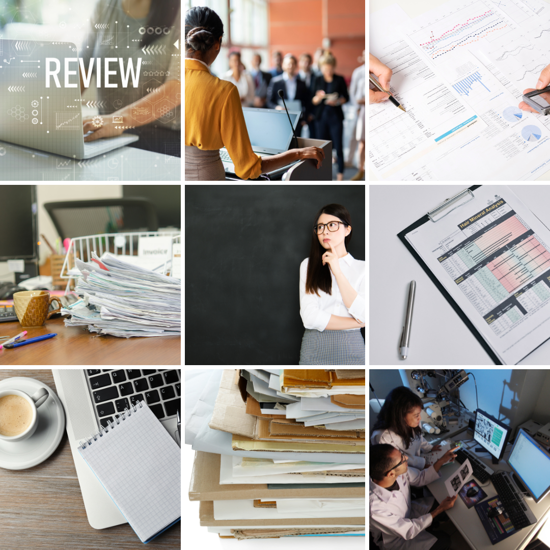 Nine-image grid showing various types of working with research data.