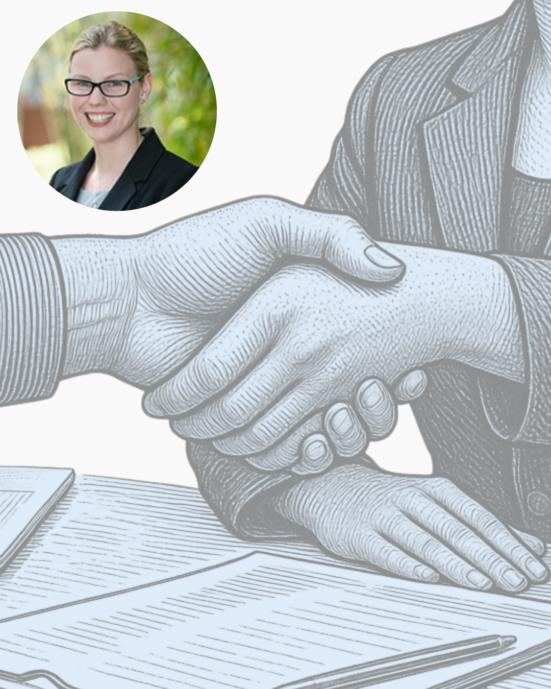 Headshot of speaker and decorative image of two people shaking hands