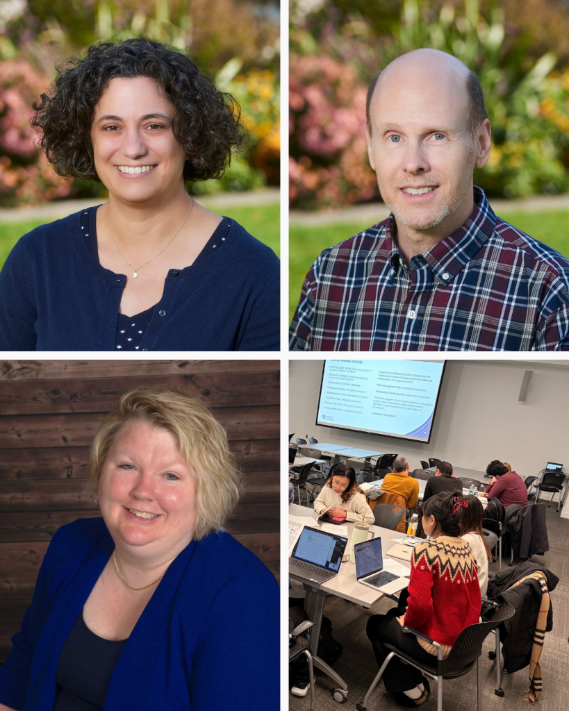 Photos of three speakers and one photo of participants working around a table