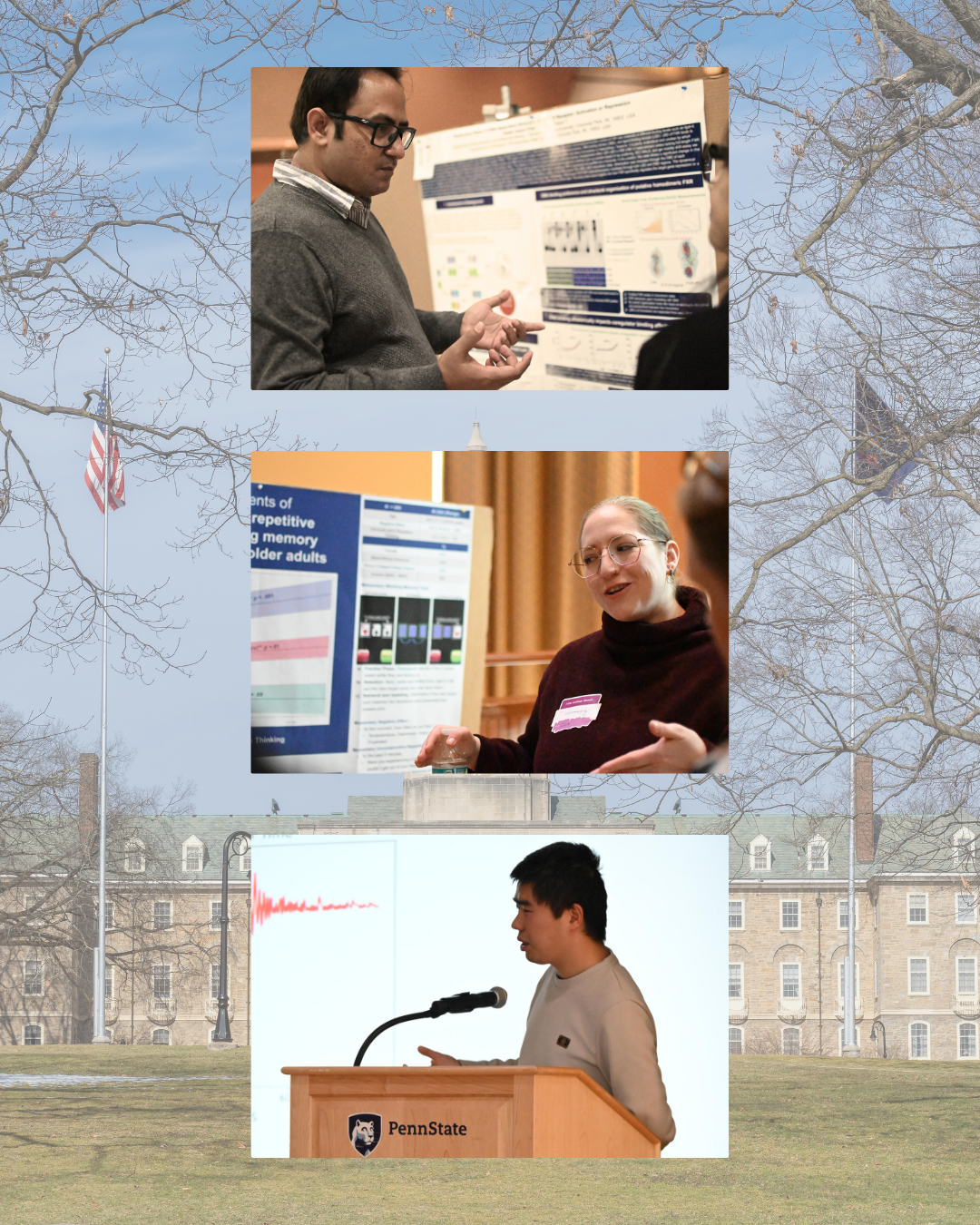 three images of postdocs presenting their research outloud